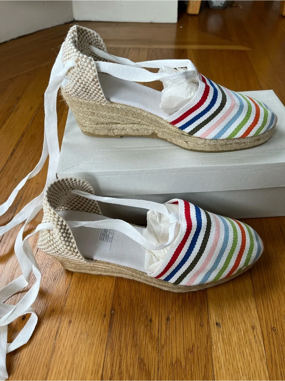 Womens Multicolor Striped Espadrille Wedge with Ankle Tie